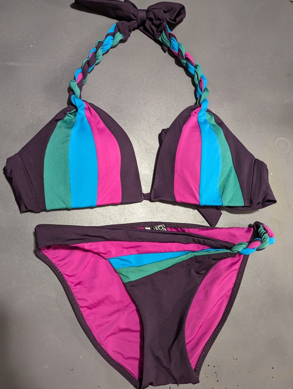 BECCA Rebecca Virtue Retro 70s Block Print Halter Med Bikini  Bottom Small EUC